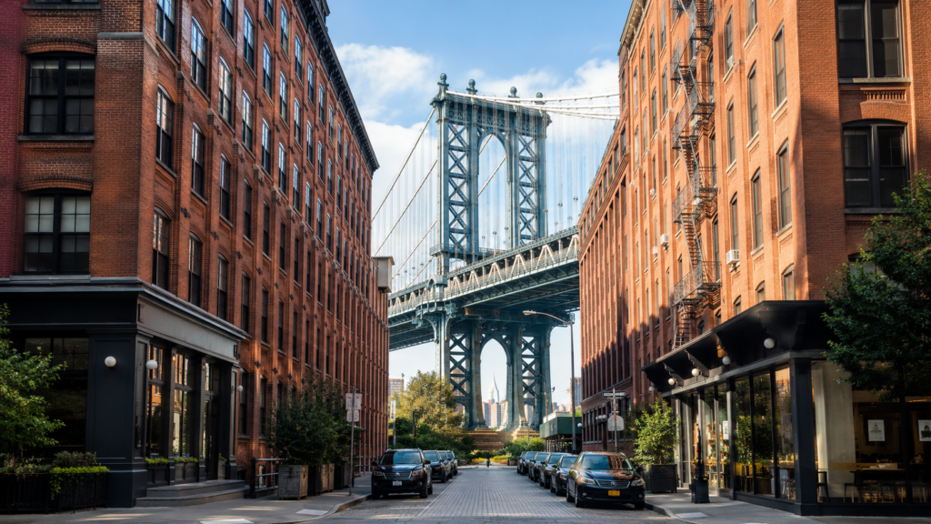 DUMBO brick warehouse buildings and Manhattan Bridge in Brooklyn