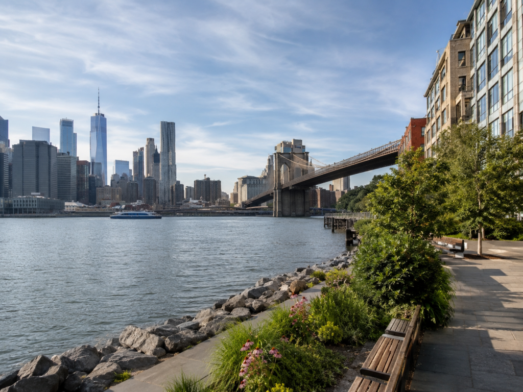 DUMBO waterfront with Lower Manhattan skyline and Brooklyn Bridge