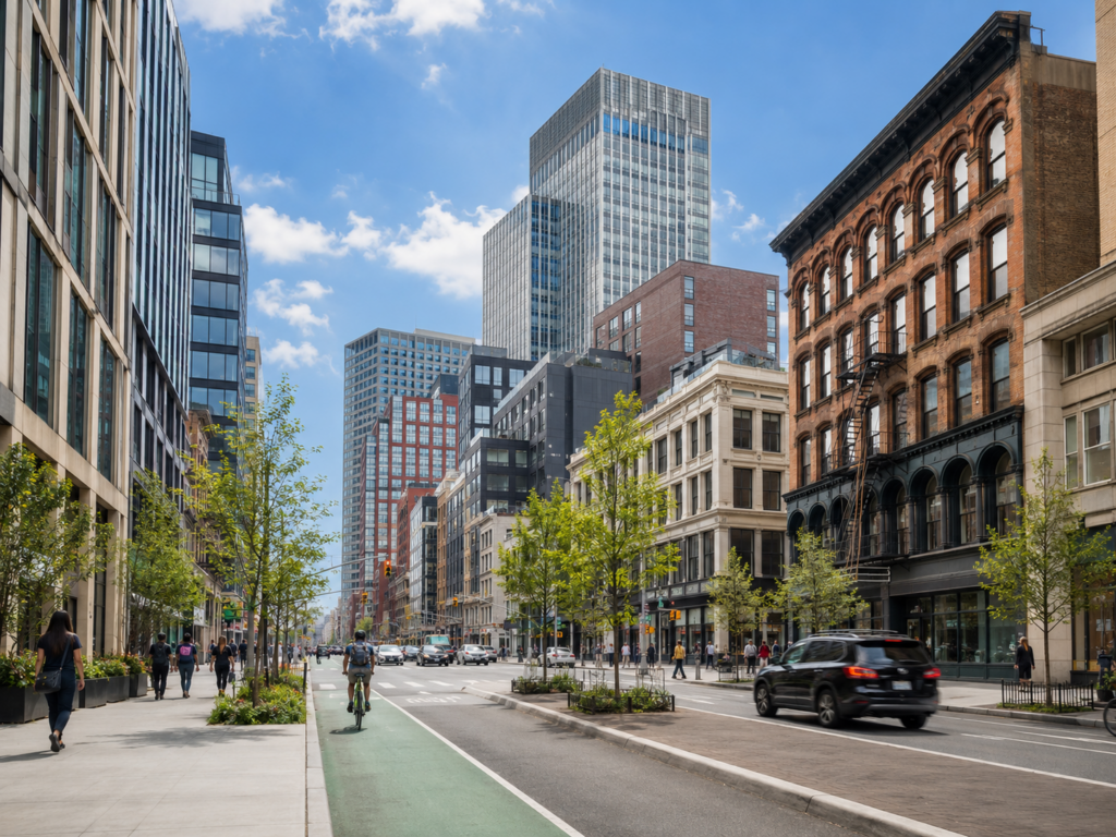 Downtown Brooklyn streetscape with mixed-use buildings, bike lane, and pedestrians
